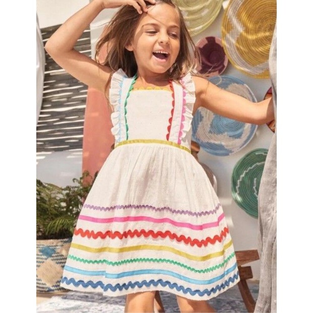 Mini Boden Girls embroidered twirl scalloped Dot Ric Rac cotton dress 8/9 NEW